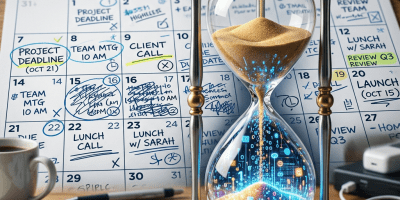 Hourglass with sand turning into digital symbols over October 2024 calendar with work appointments and deadlines