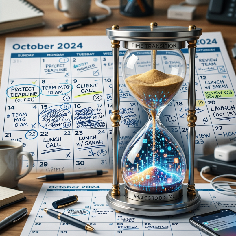 Hourglass with sand turning into digital symbols over October 2024 calendar with work appointments and deadlines
